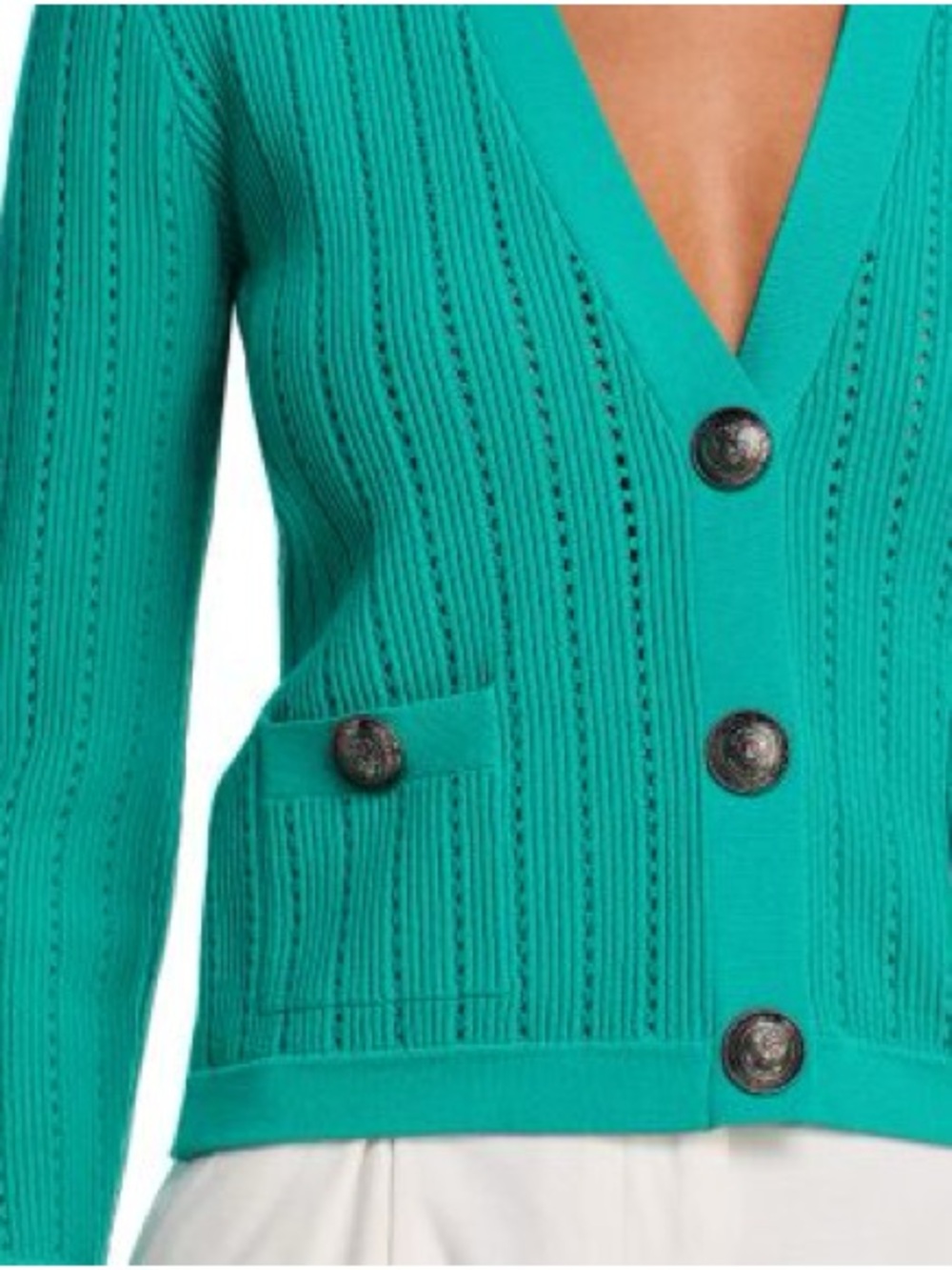 NWT ✨L'AGENCE Teal Ribbed V-Neck Button Cardigan Irvin Pointelle Sz Small $465 - Picture 2 of 8